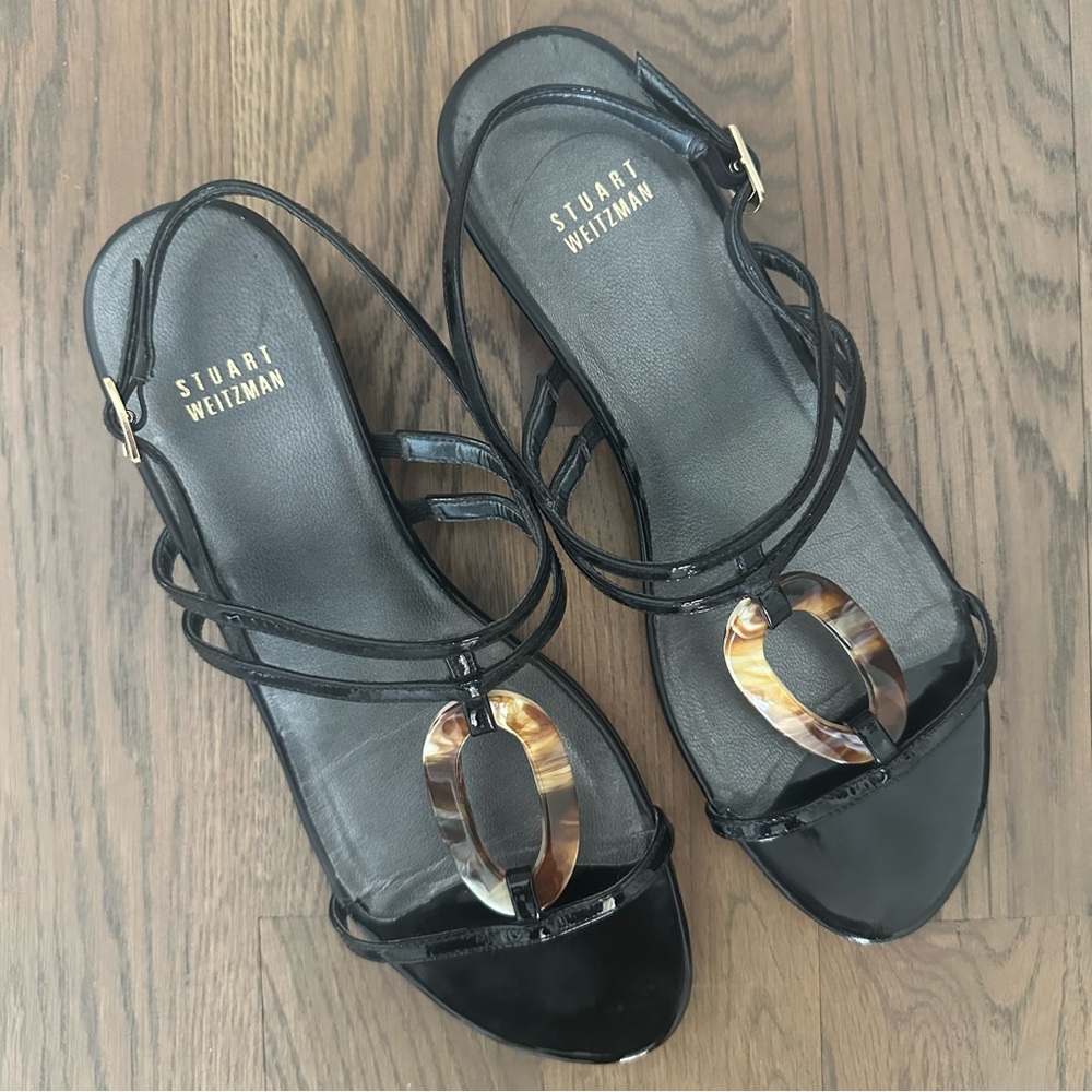 Stuart Weitzman Patent Leather Strappy Wedge Sandal Black with Tortoise Size 9 M